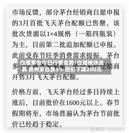 白酒茅台今日行情走势/白酒板块走弱 贵州茅台跌3% 批价下降200元